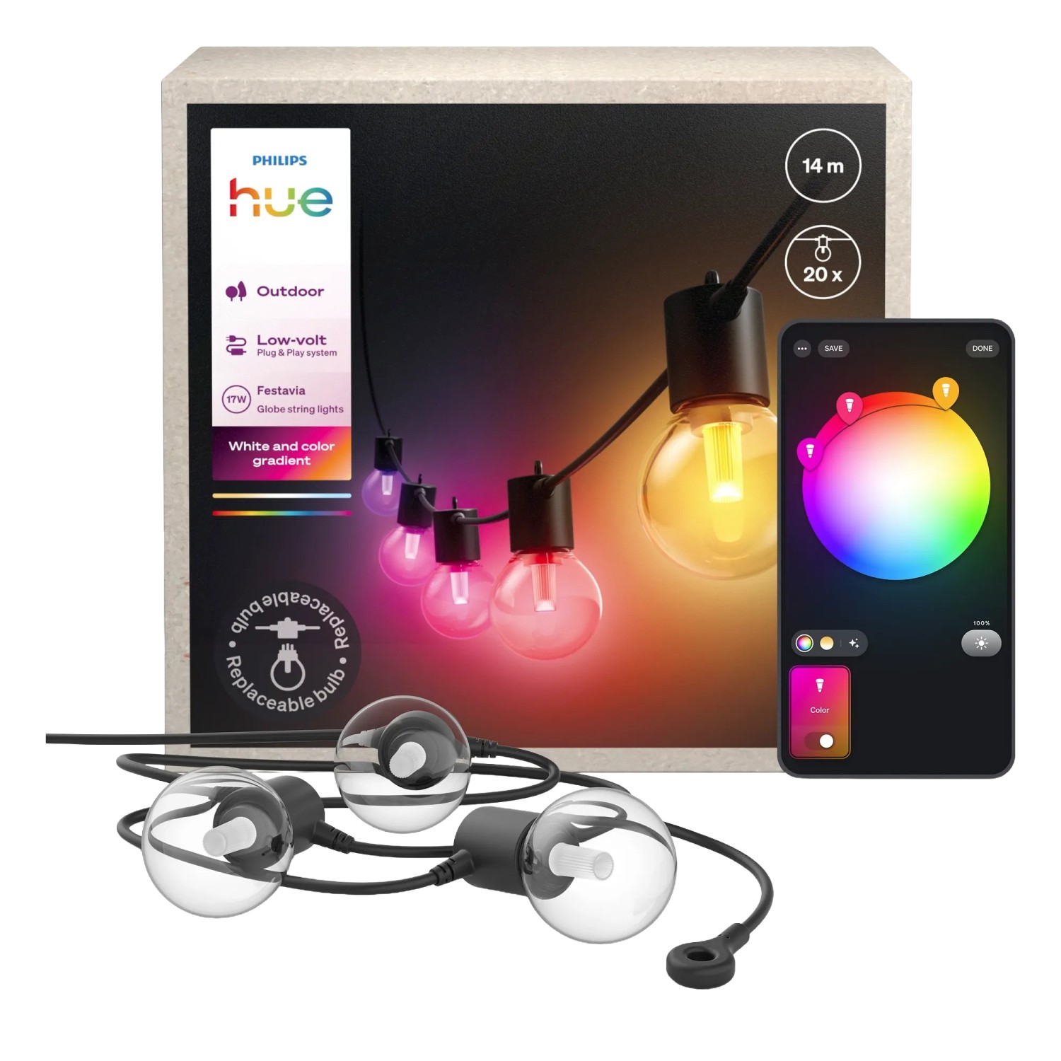 Philips Hue Smart-Outdoor-LED-Lichterkette Festavia Globe 20 Lampen 14 m