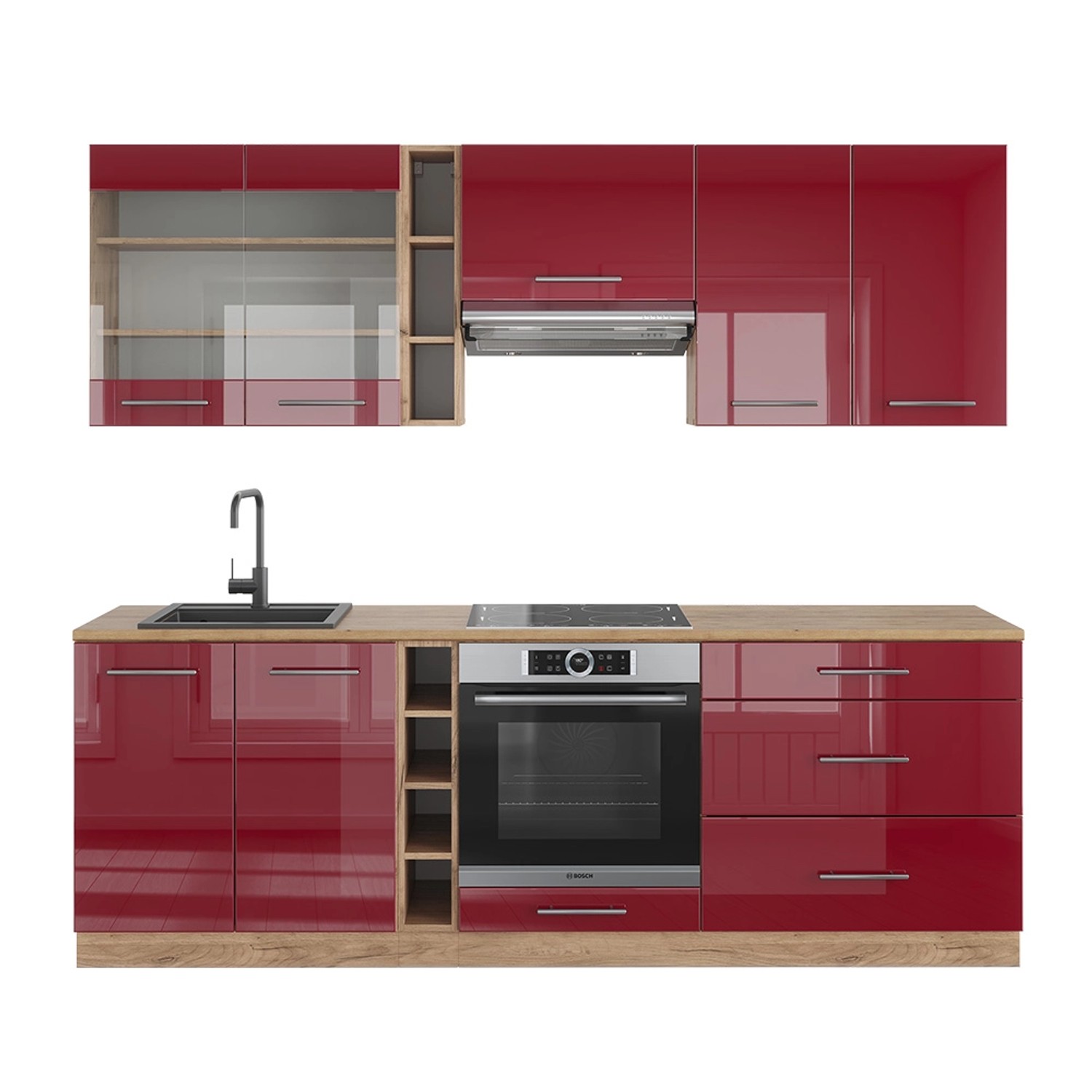 Vicco Fame-Line Küchenzeile Bordeaux Hochglanz/Goldkraft Eiche 235 cm ohne günstig online kaufen