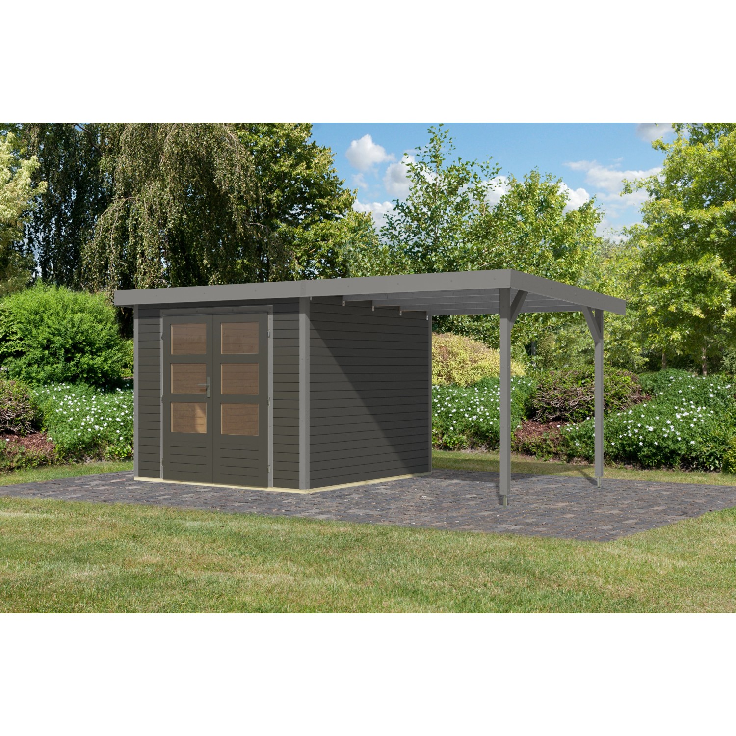 Karibu Gartenhaus Ernesto 3,5 B m. Anbaudach Terragrau/Grau 209 x 238 x 242 günstig online kaufen