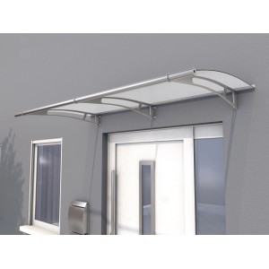 Modernes Pultvordach aus Edelstahl und satiniertem Acrylglas in Weiß, 190x95cm, schützt Hauseingänge.