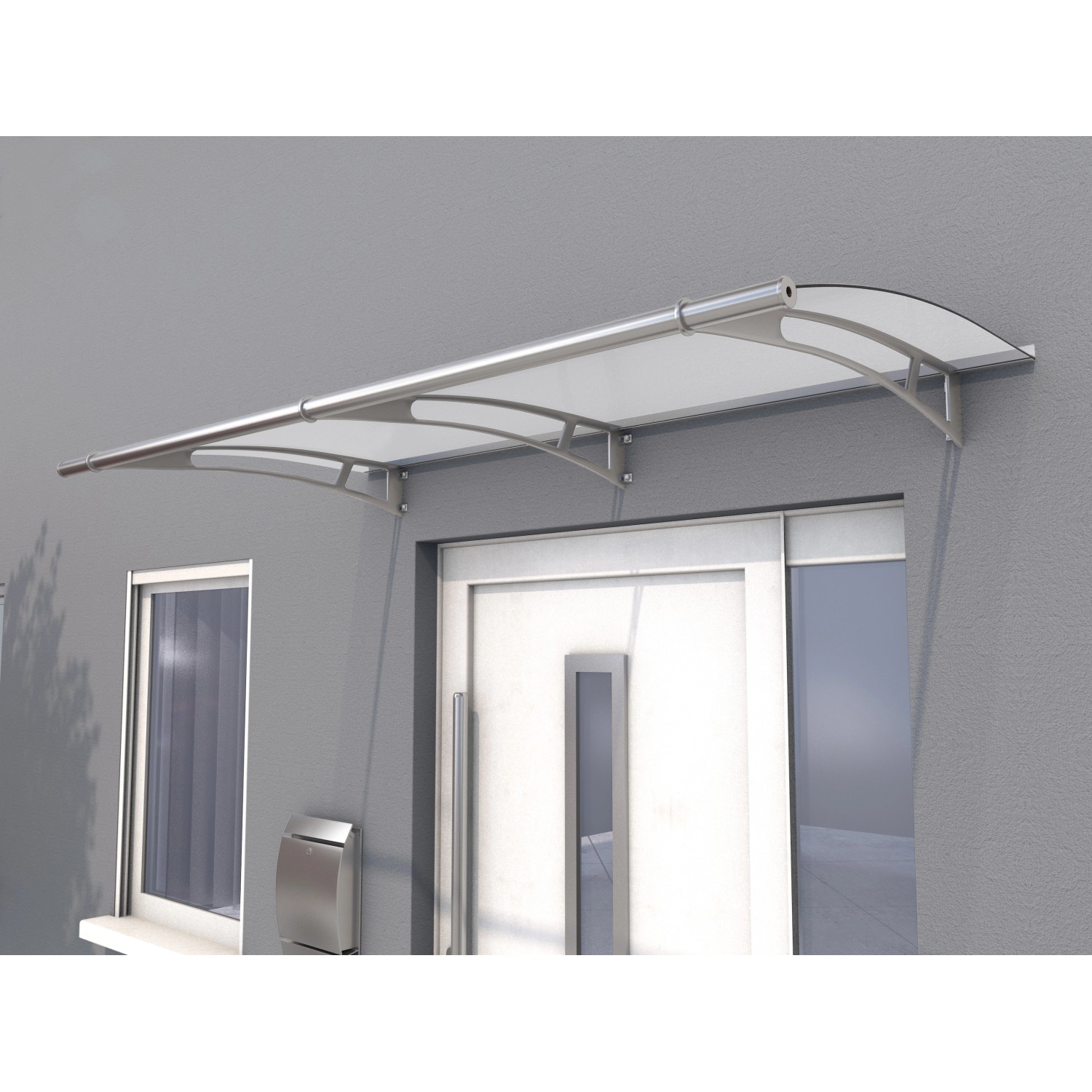 Modernes Pultvordach aus Edelstahl und satiniertem Acrylglas in Weiß, 190x95cm, schützt Hauseingänge.