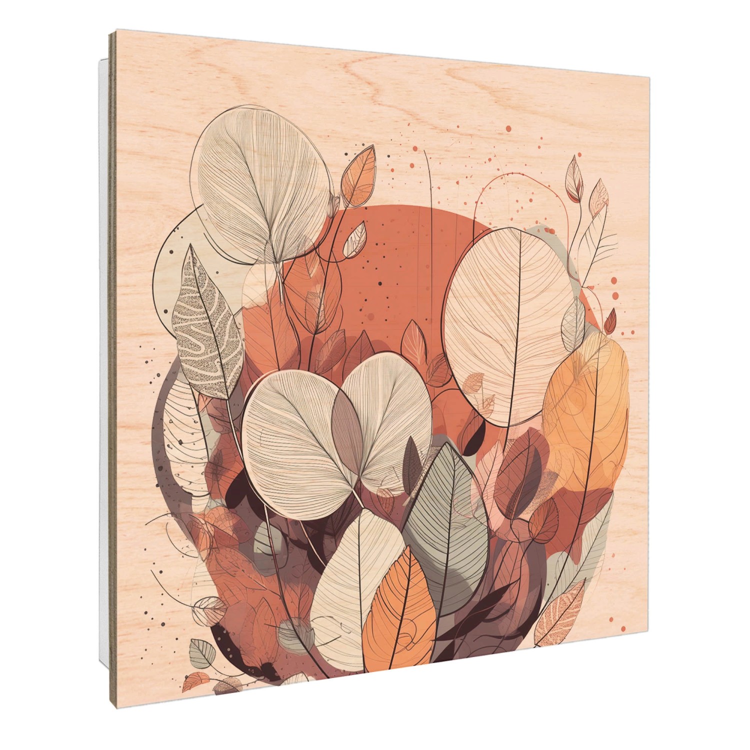 Große, weiße Schlüsselbox aus Holz (30x30cm) mit 50 Haken und herbstlichem Blätter-Motiv.