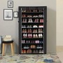 Schwarzes Songmics Schuhregal mit 10 Ebenen und Staubschutz für bis zu 45 Paar Schuhe.