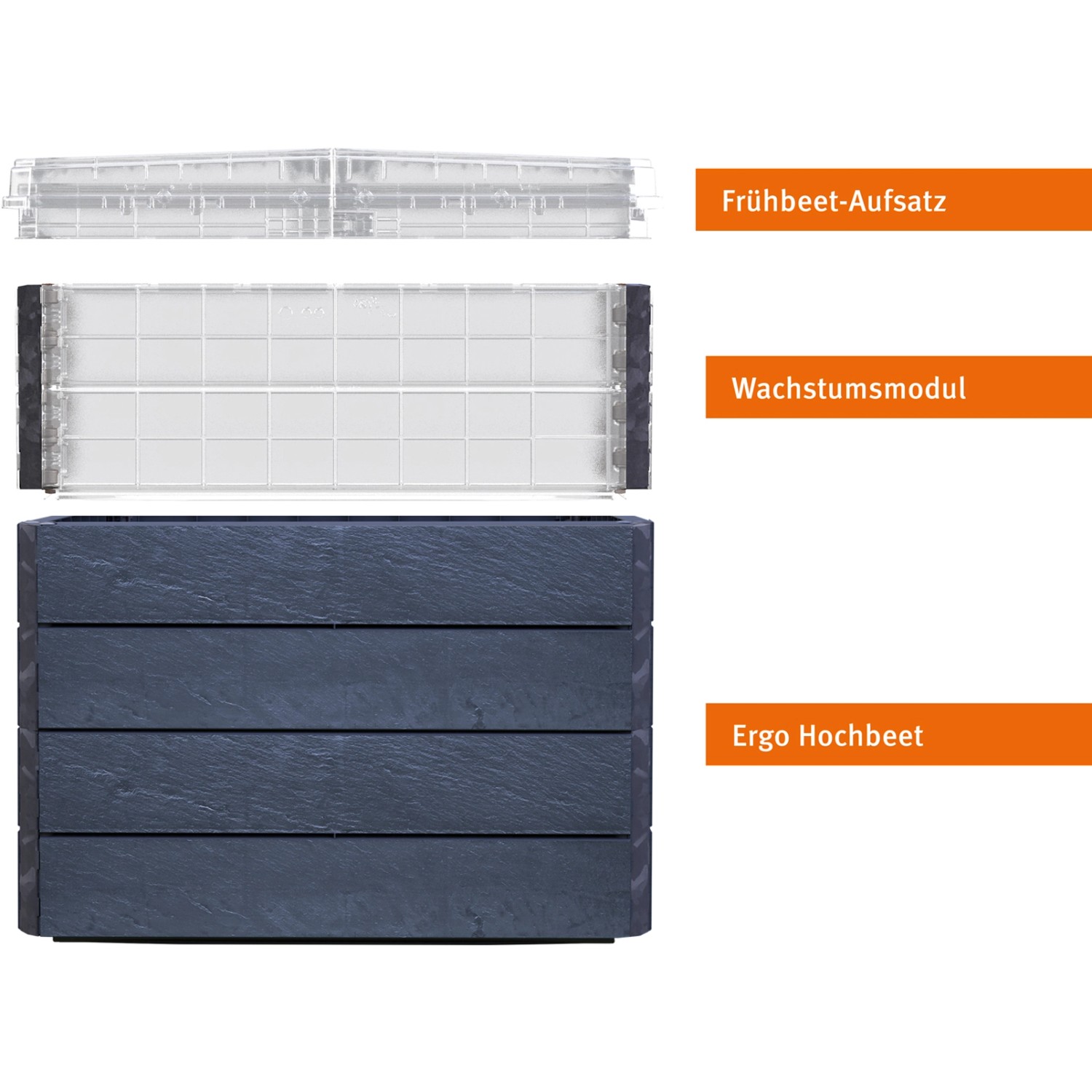Garantia Hochbeet Ergo Quadro Turbo Plus M 85 Stone mit Frühbeetaufsatz und Wachstumsmodul.