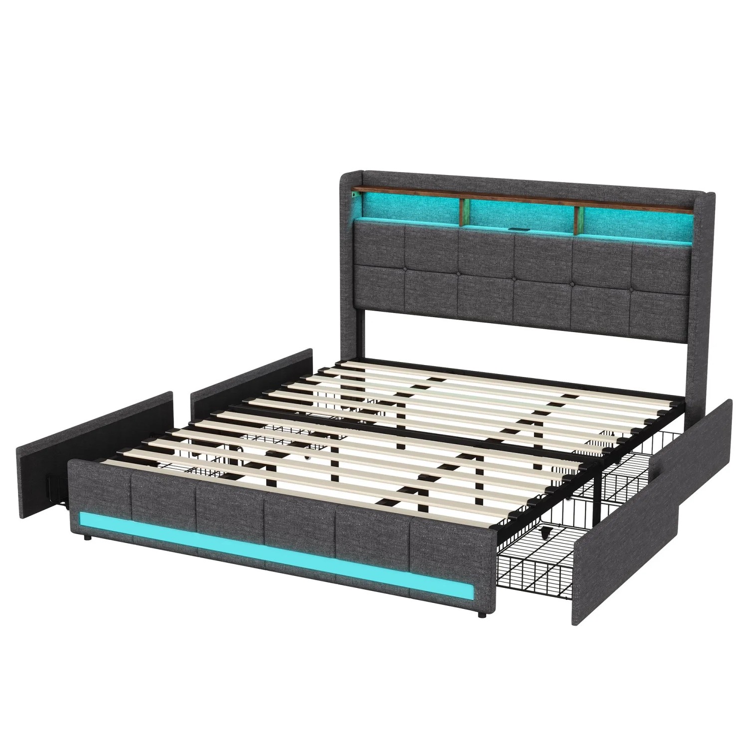Polsterbett 180x200cm mit Schubladen LED und USB Bett mit Regal Kopfteil Lattenrost Grau