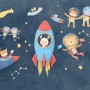 Komar Vliesfototapete „Friends in Space“ mit Raketen, Sternen und Tieren im Weltraum.