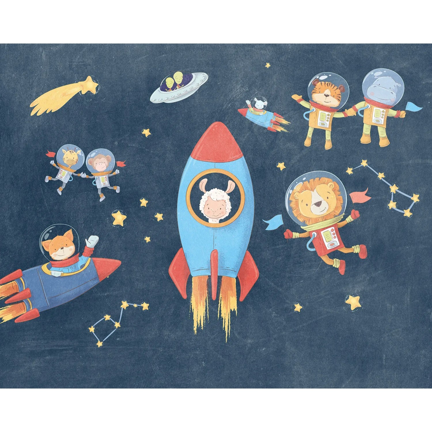 Komar Vliesfototapete „Friends in Space“ mit Raketen, Sternen und Tieren im Weltraum.
