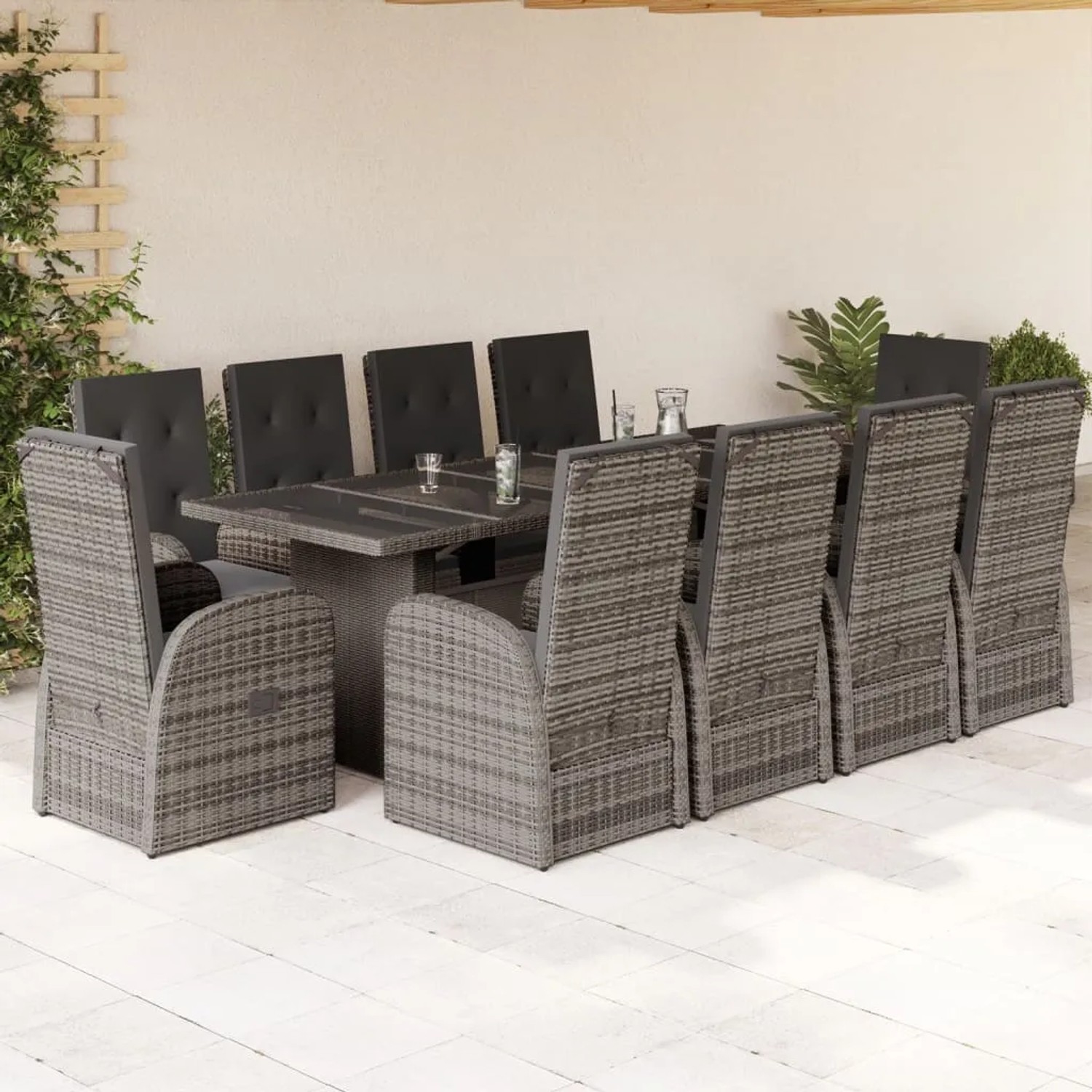 Graue 11-tlg. vidaXL Garten-Essgruppe aus Rattan mit Tisch, 10 Stühlen und Kissen.