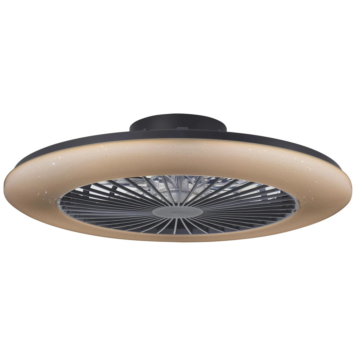 Schwarze LED-Deckenleuchte Salerno mit Ventilator, Ø 57,7 cm. Multifunktionale Lampe für Licht und Luftzirkulation.