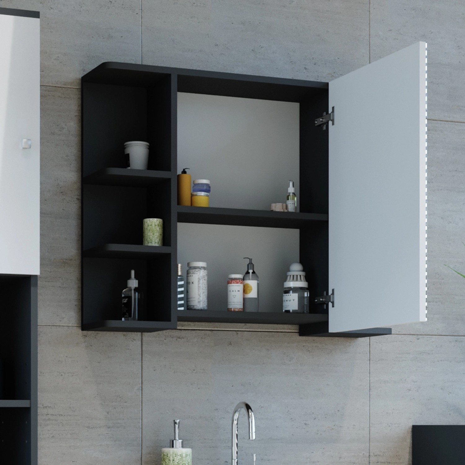 Vicco Badspiegelschrank Fynn, anthrazit/weiß, 80x64 cm, mit offenen Fächern und Spiegeltür.