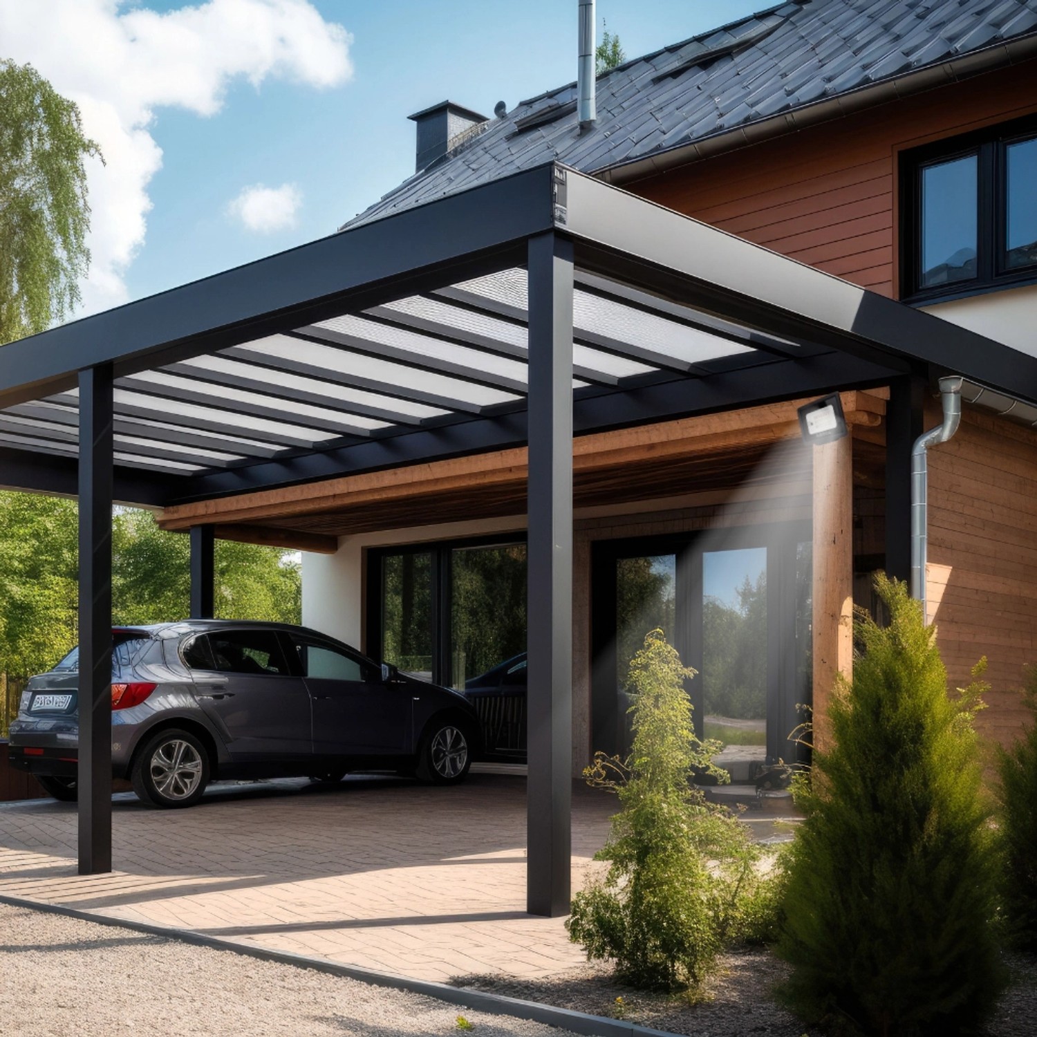 LUXULA LED-Strahler 100W RGB Farbwechsel als Außenstrahler unter Carport montiert.