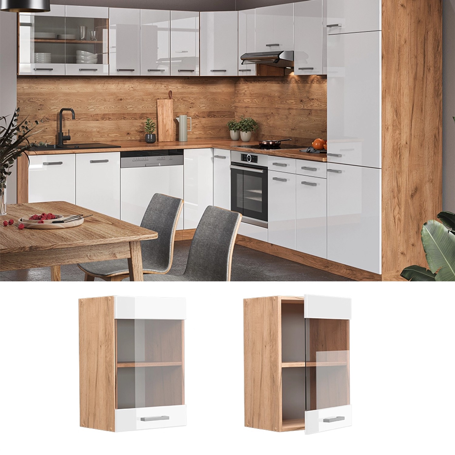 Vicco Küchen Glashängeschrank R-Line, Weiß Hochglanz/Goldkraft Eiche, 40 cm breit.