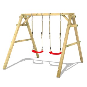 Wickey Schaukel Sky Dancer Prime Rot: Holzschaukel mit zwei roten Schaukelsitzen für den Garten.