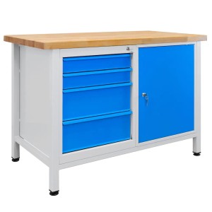 PROREGAL Werkbank Rhino, 120x60cm, mit 4 Schubladen und 1 Tür in Lichtgrau/Lichtblau.