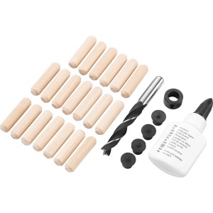 LUX Dübel-Set 10 mm: Holzdübel, Bohrer, Markierhilfen, Feststellring und Leim für schraubenlose Holzverbindungen.