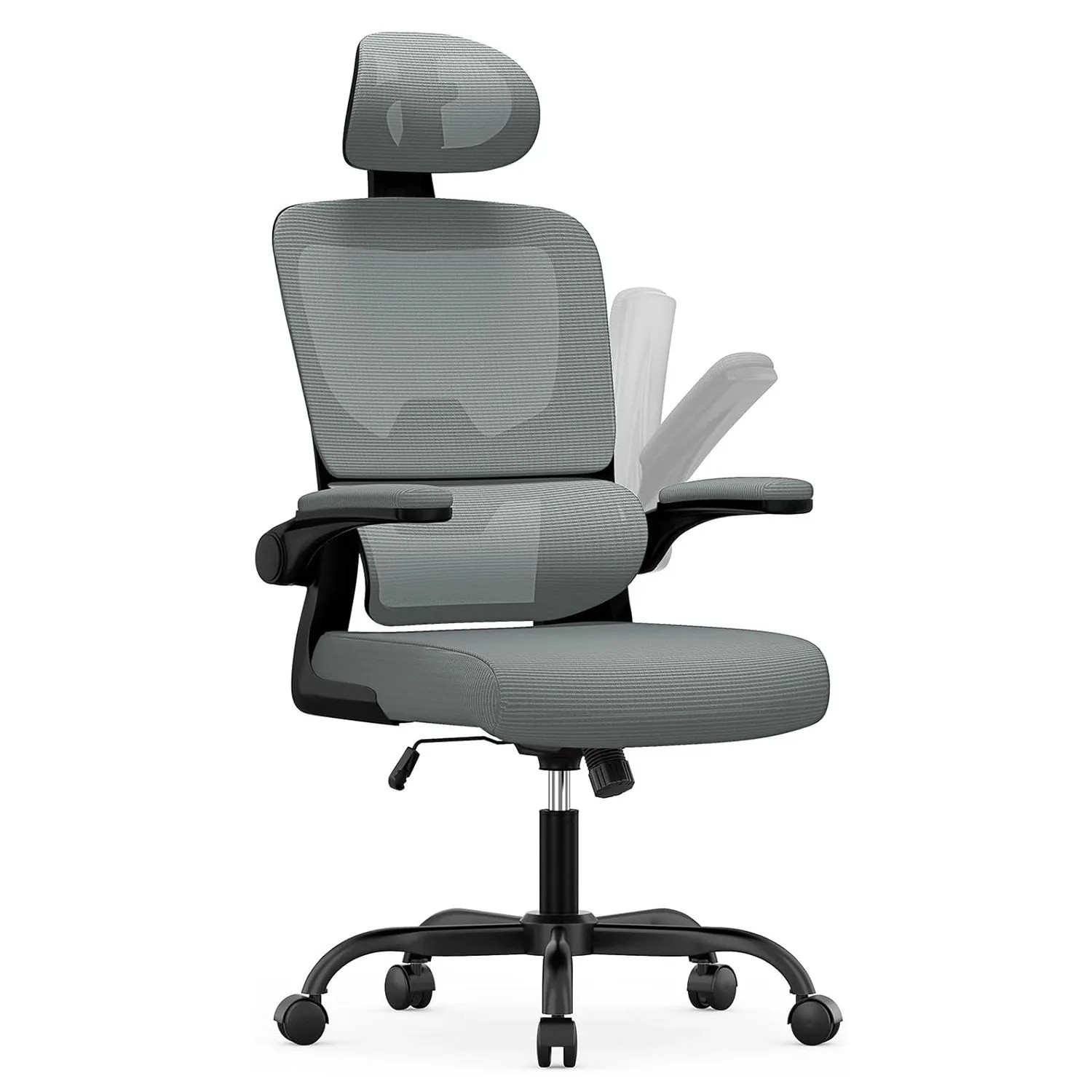 Rattantree Ergonomischer Drehstuhl mit Wippfunktion und Höhenverstellung Kopf und Klapparmlehnen Schwarz und Dunkelgrau