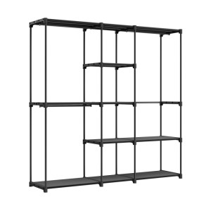 Offener, schwarzer Songmics Kleiderschrank (182x182x43cm) mit Ablagen und Kleiderstangen.