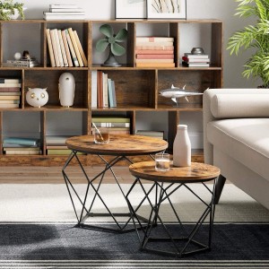 Vasagle Couchtisch 2er Set, braun-schwarz, mit abnehmbarer Tischplatte und Metallgestell.