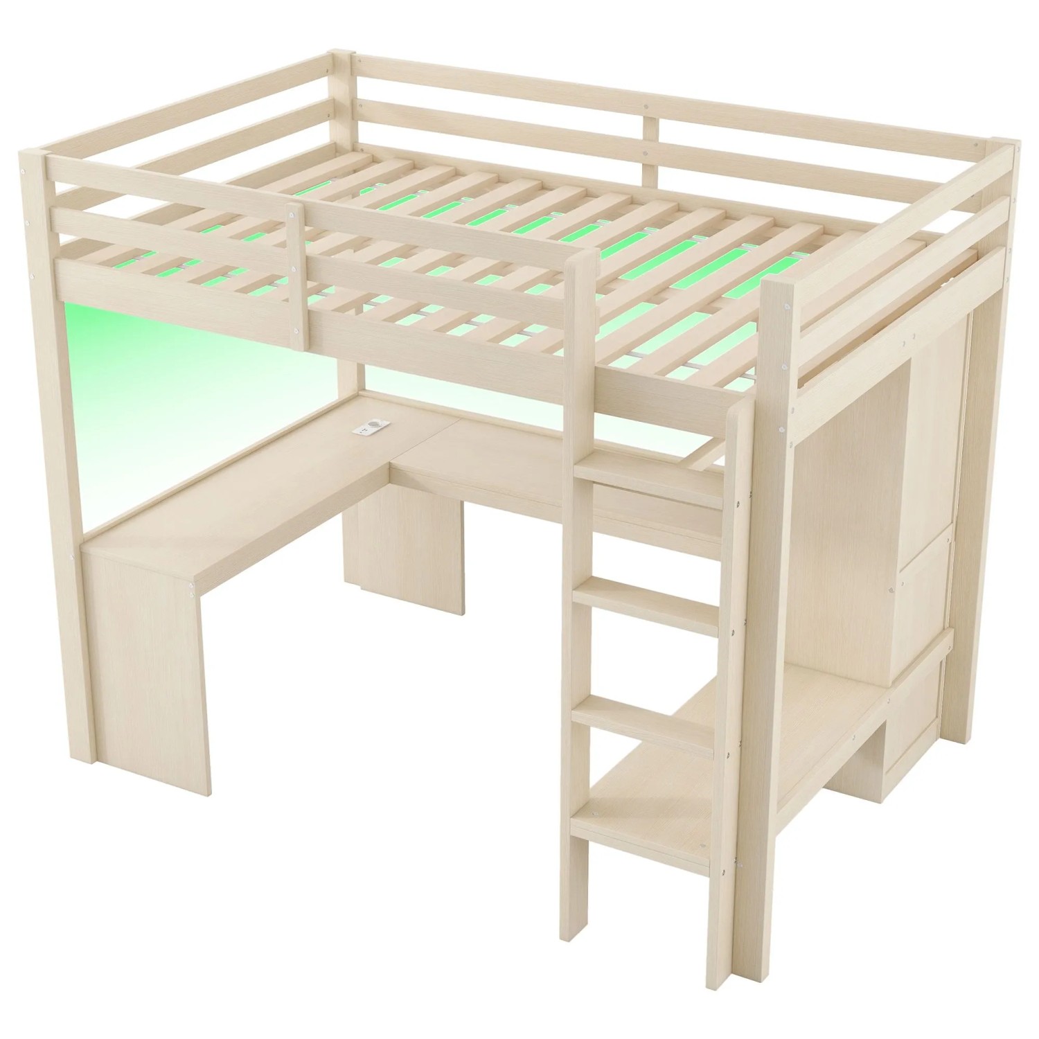 okwish Hochbett 140x200cm mit Regalen Schreibtisch LED und USB Natur ohne Matratze