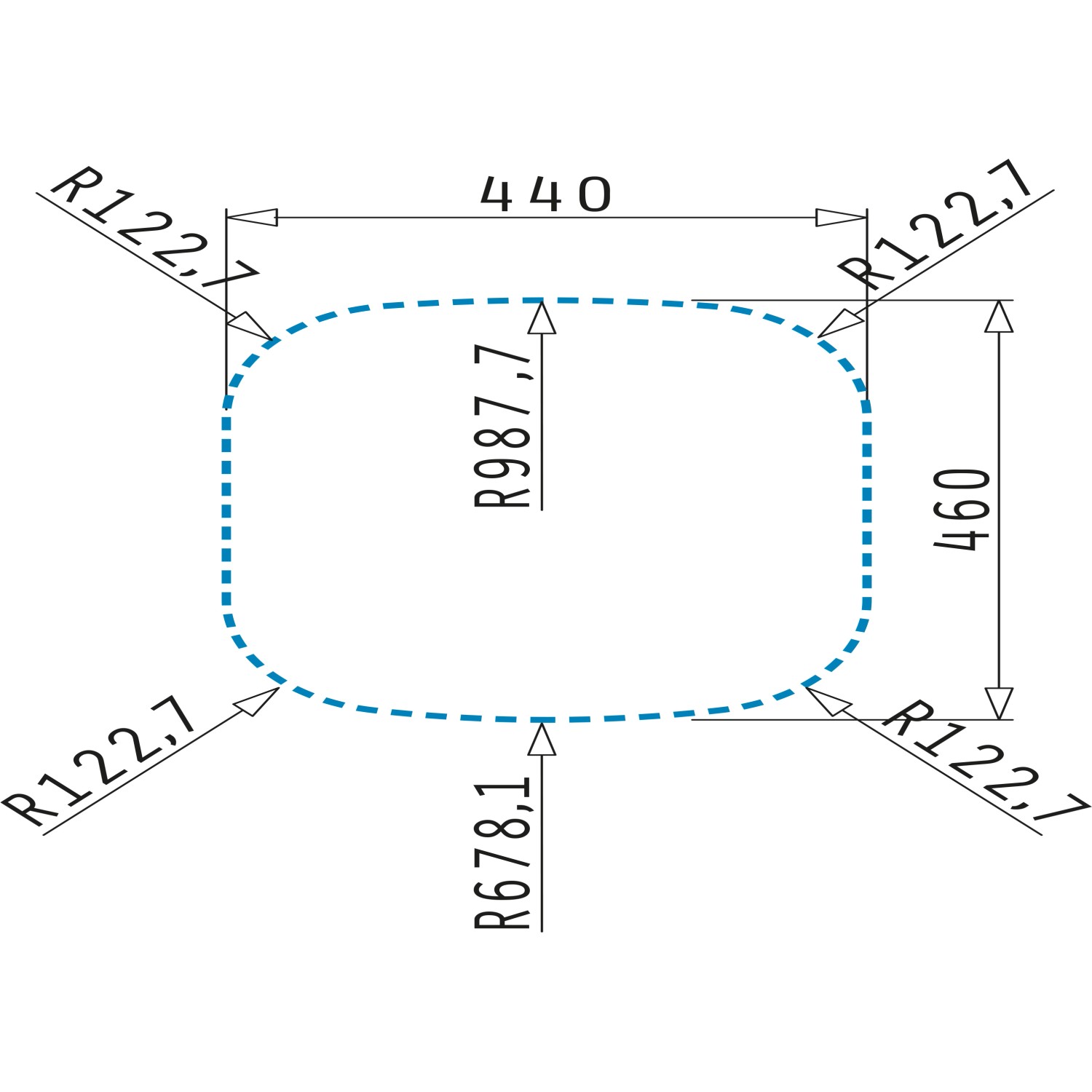 Skizze der Pyramis Kania Edelstahlspüle mit Maßangaben für den Einbau.