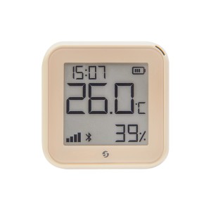 Beiger Shelly Temperatursensor Plus H&T G3 mit digitaler Anzeige für Hausautomation.