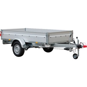 Stema Anhänger Basic STL 1300 O2, gebremster Autoanhänger mit silbernen Bordwänden und Stützrad.