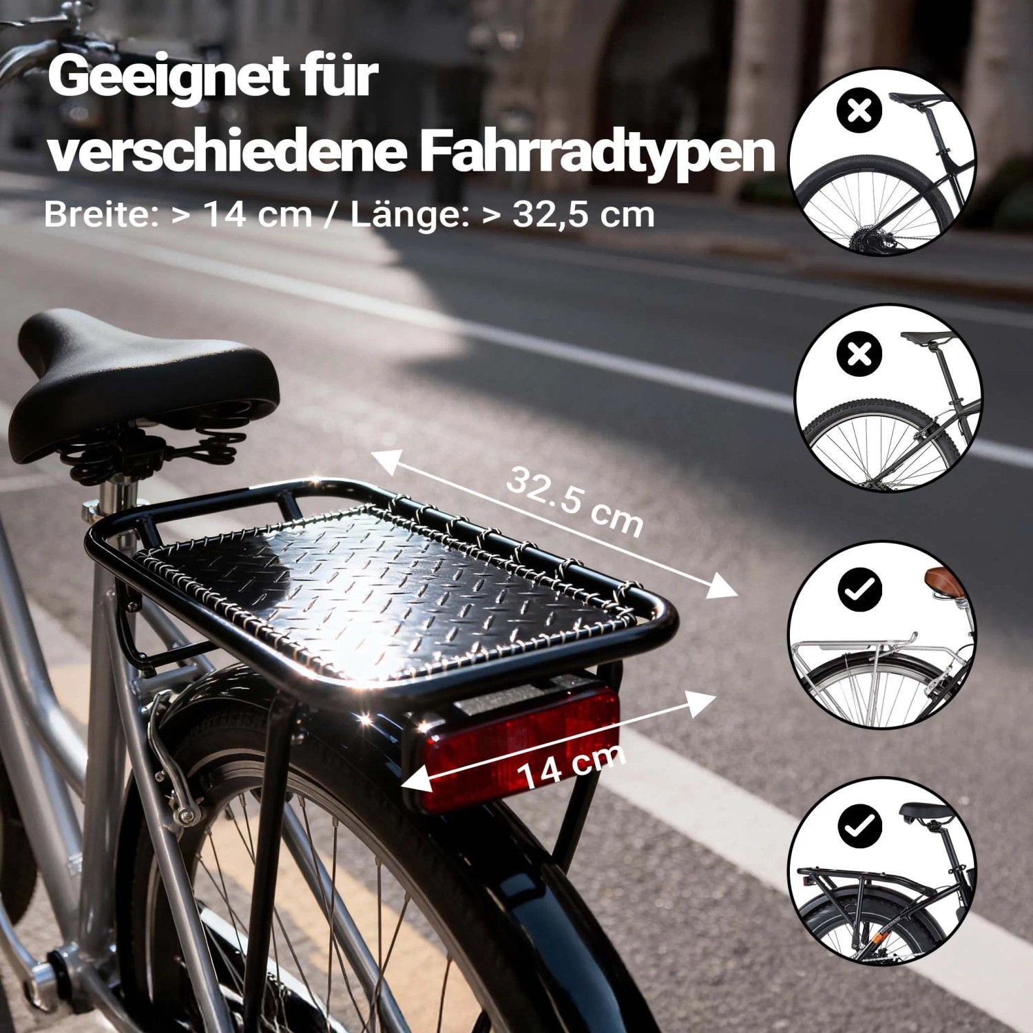 Wiltec Fahrrad-Gepäckträger, schwarz, mit Maßen 32,5x14 cm. Zeigt Kompatibilität für verschiedene Fahrradtypen und die Befestigung.