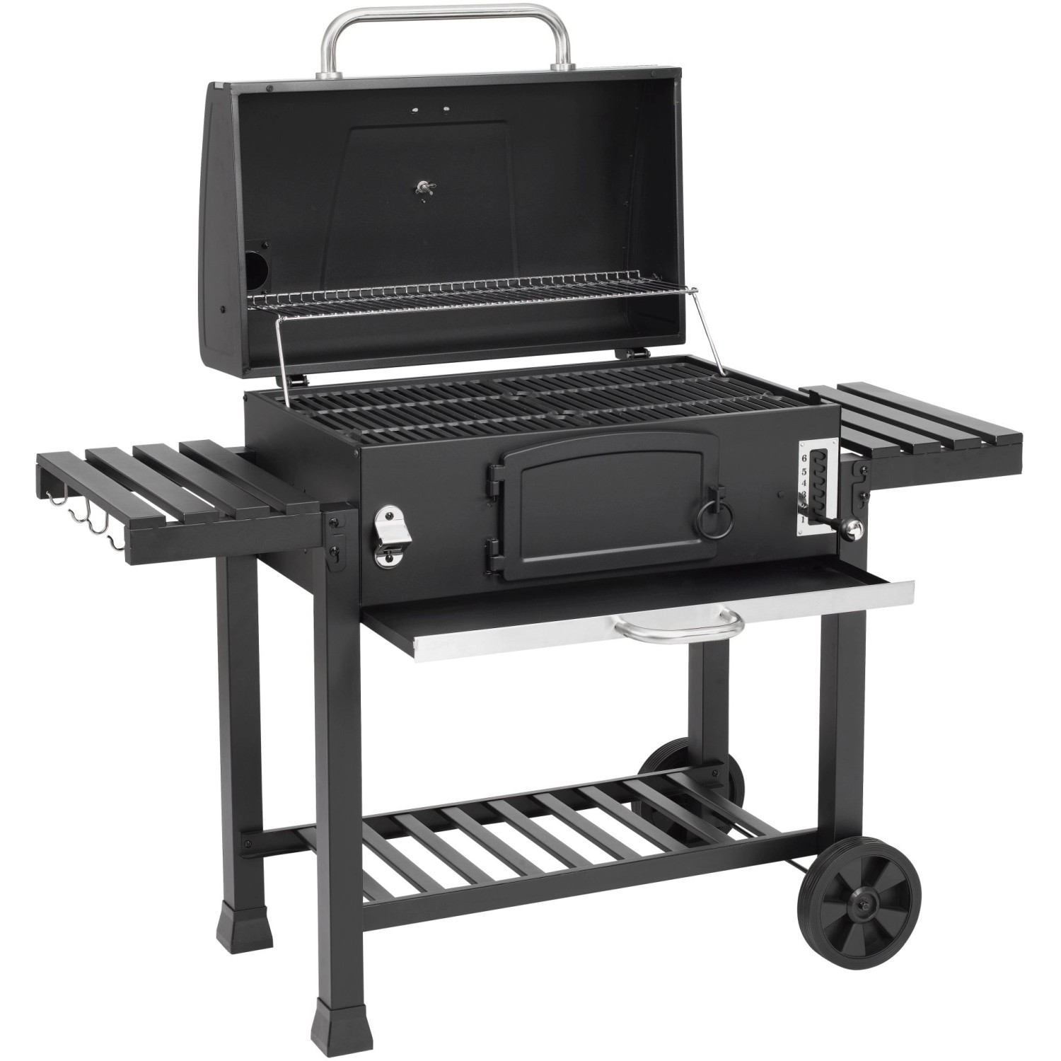 Schwarzer El Fuego Holzkohlegrill Smoker Ontario XXL mit Ablagen, Thermometer und Flaschenöffner.