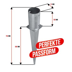 Feuerverzinkte Hollmax Einschlagbodenhülse, 81 mm Durchmesser, für Rundholzpfosten. Robuster Stahl.