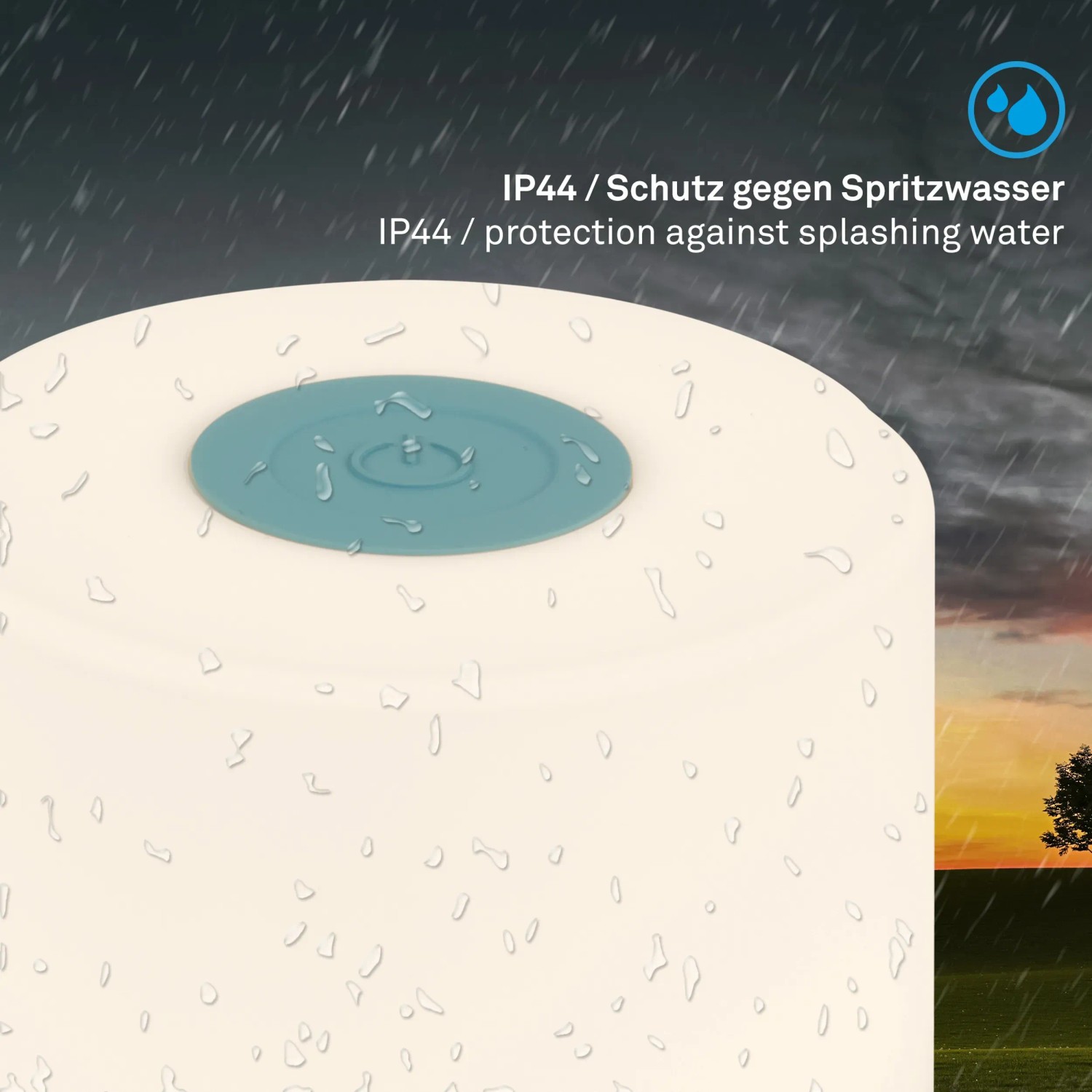 Brilo Akku-Tischleuchte Smal Blau, spritzwassergeschützt (IP44), für den Außenbereich.