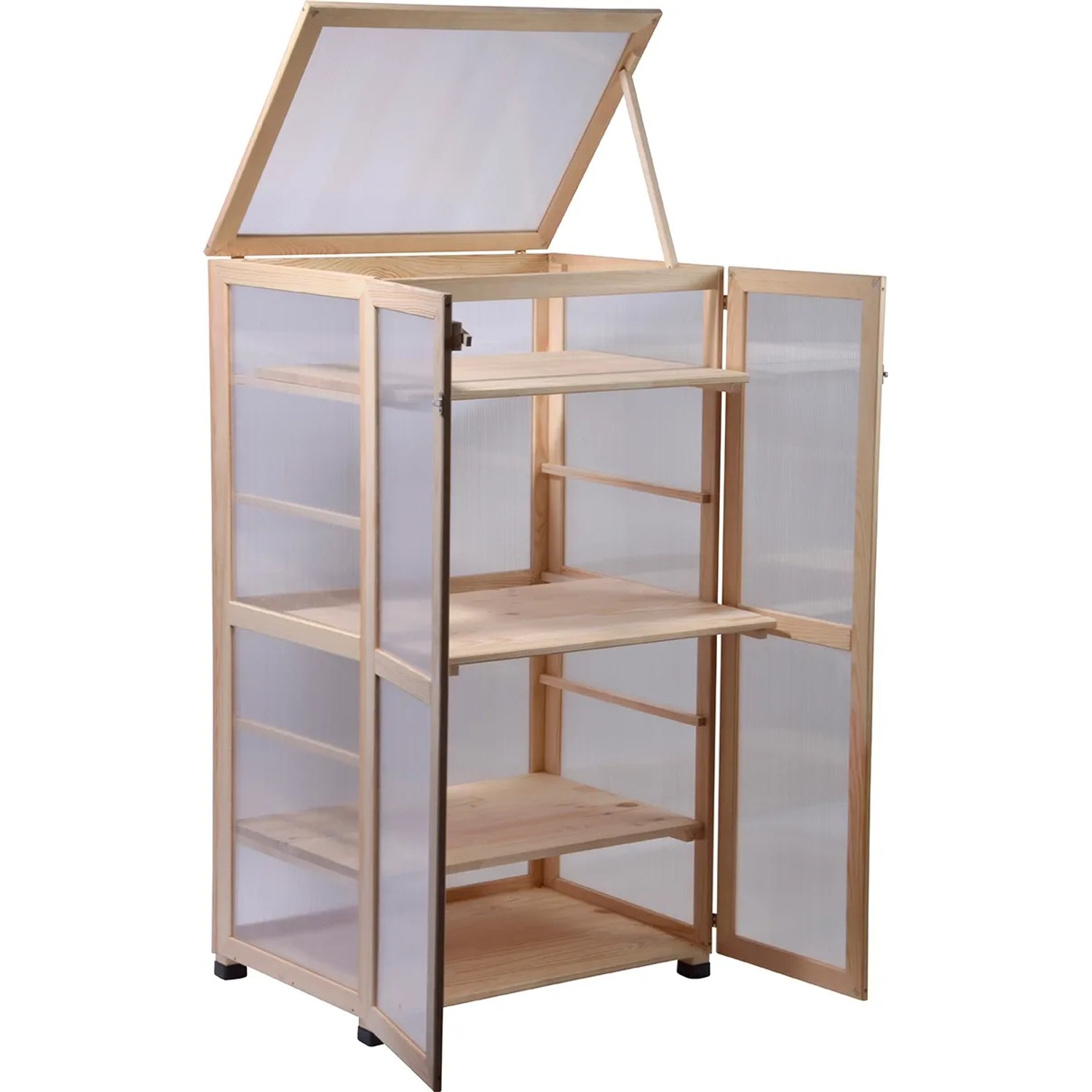 Dobar Anzuchtschrank Dome, großes Indoor Gewächshaus aus FSC®-Holz mit Regalböden und geöffneten Türen.
