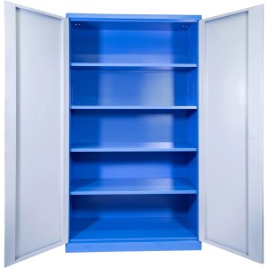 Geöffneter Güde Werkzeugschrank TYP CB in Grau-Blau mit 4 Fachböden.