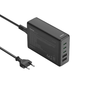 Schwarze Hama USB-Ladestation mit 5 Ports (3x USB-C, 2x USB-A) und Netzkabel.