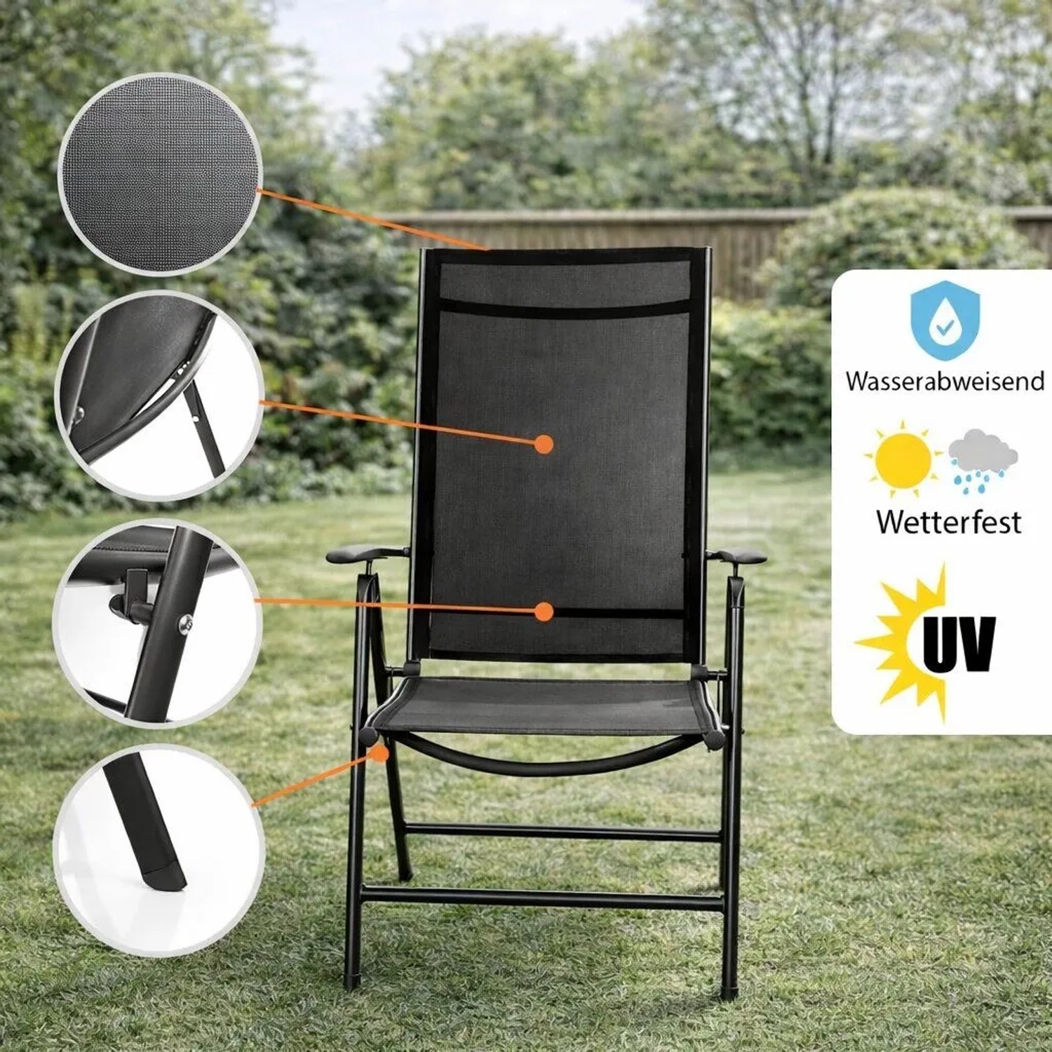 Schwarzer BigDean Gartenstuhl, klappbar und verstellbar, für Garten, Terrasse und Camping.