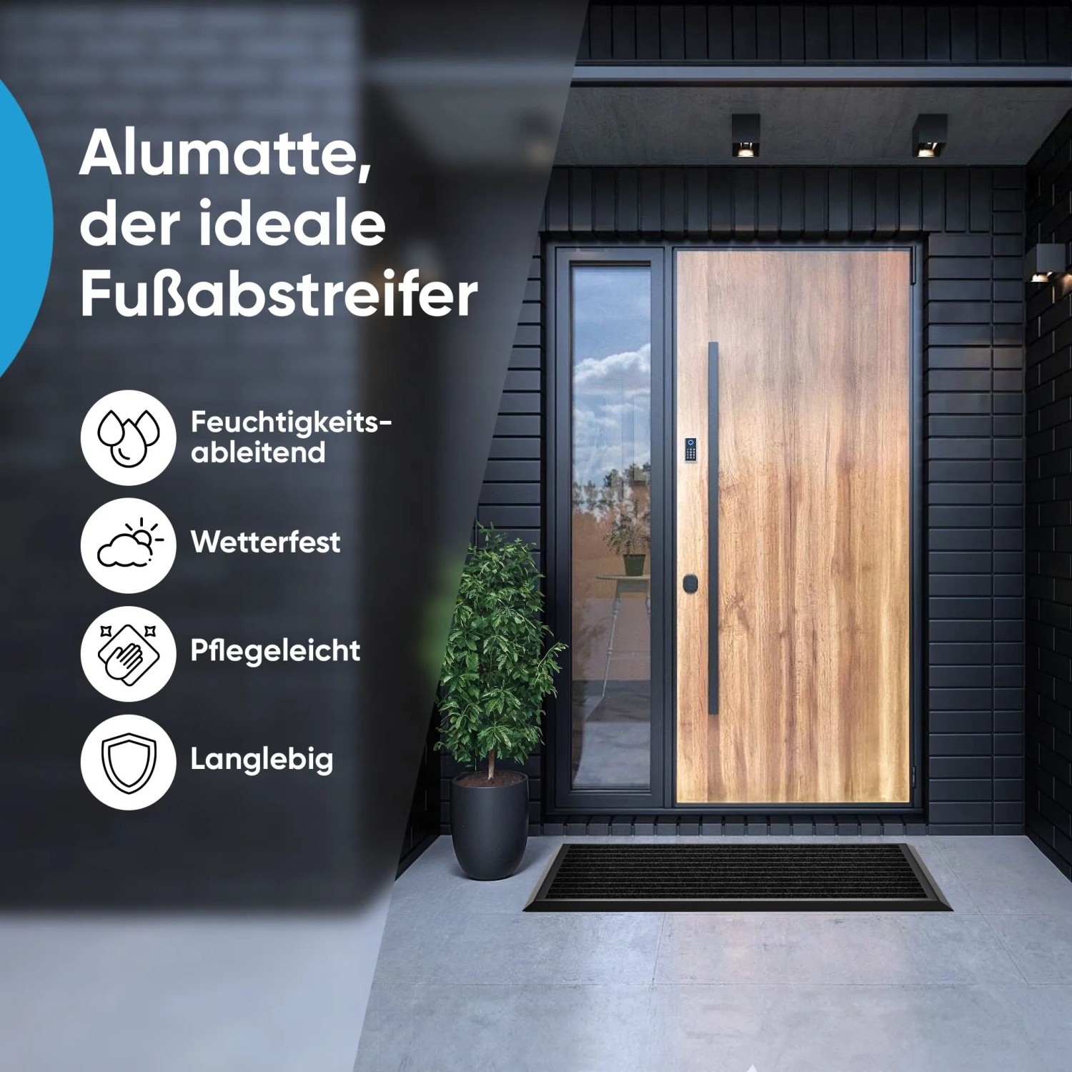 Schwarze Björn&Schiller Fußmatte 55x90 cm mit Aluminiumrahmen vor modernem Hauseingang. Ideal für Außenbereich.