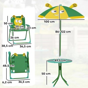 AIYAPLAY Kinder Gartenmöbel Set mit Tisch, Stühlen und Sonnenschirm im Bienen Design.