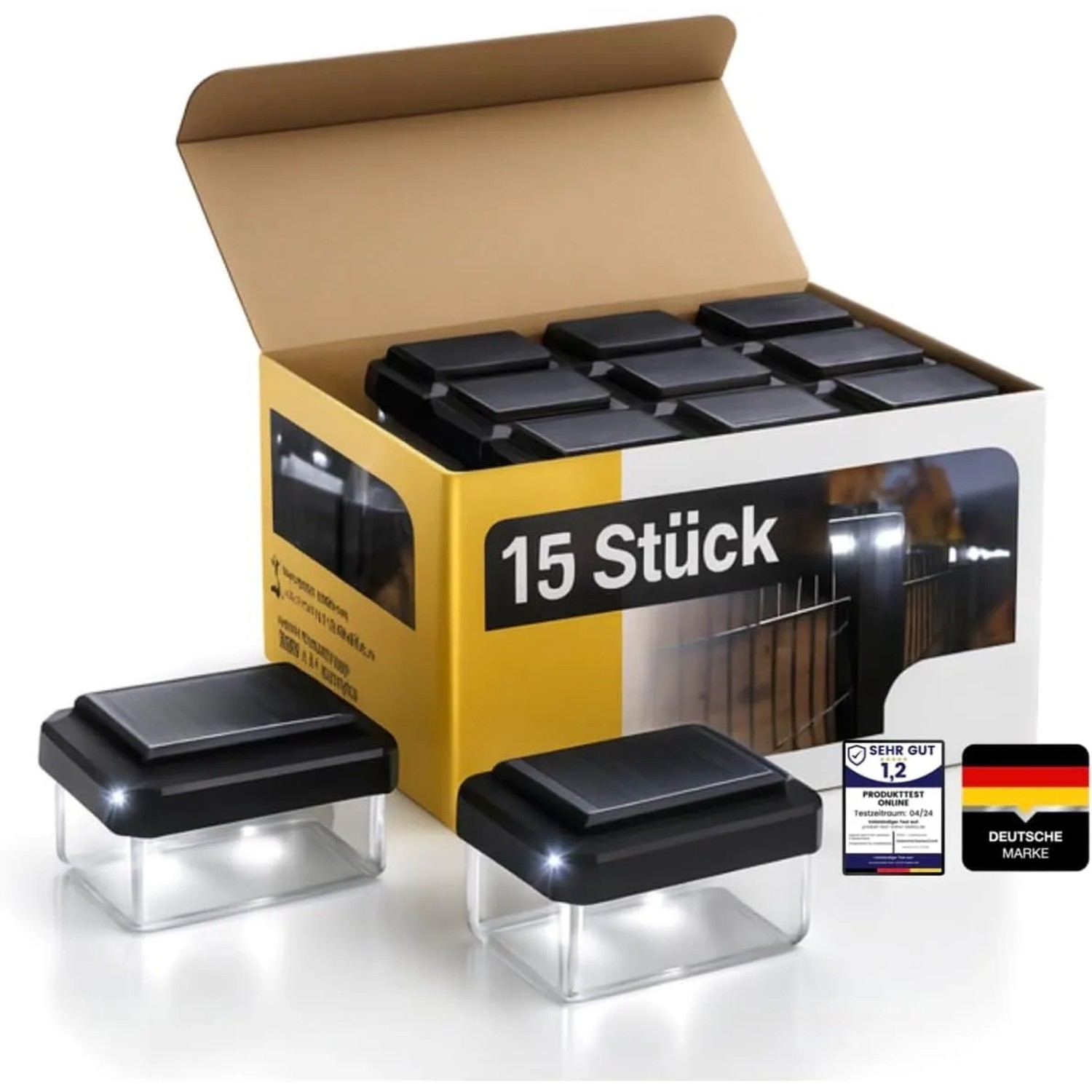 15 Solar Zaunleuchten LED für 60x40mm Pfosten. Schwarze Oberseite, klares Gehäuse, neutralweißes Licht für Doppelstabmattenzaun.