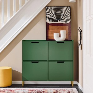 Schmaler, grüner SoBuy Schuhschrank mit 4 Klappen für Flur/Diele. Schuhkipper mit Ablagefläche.