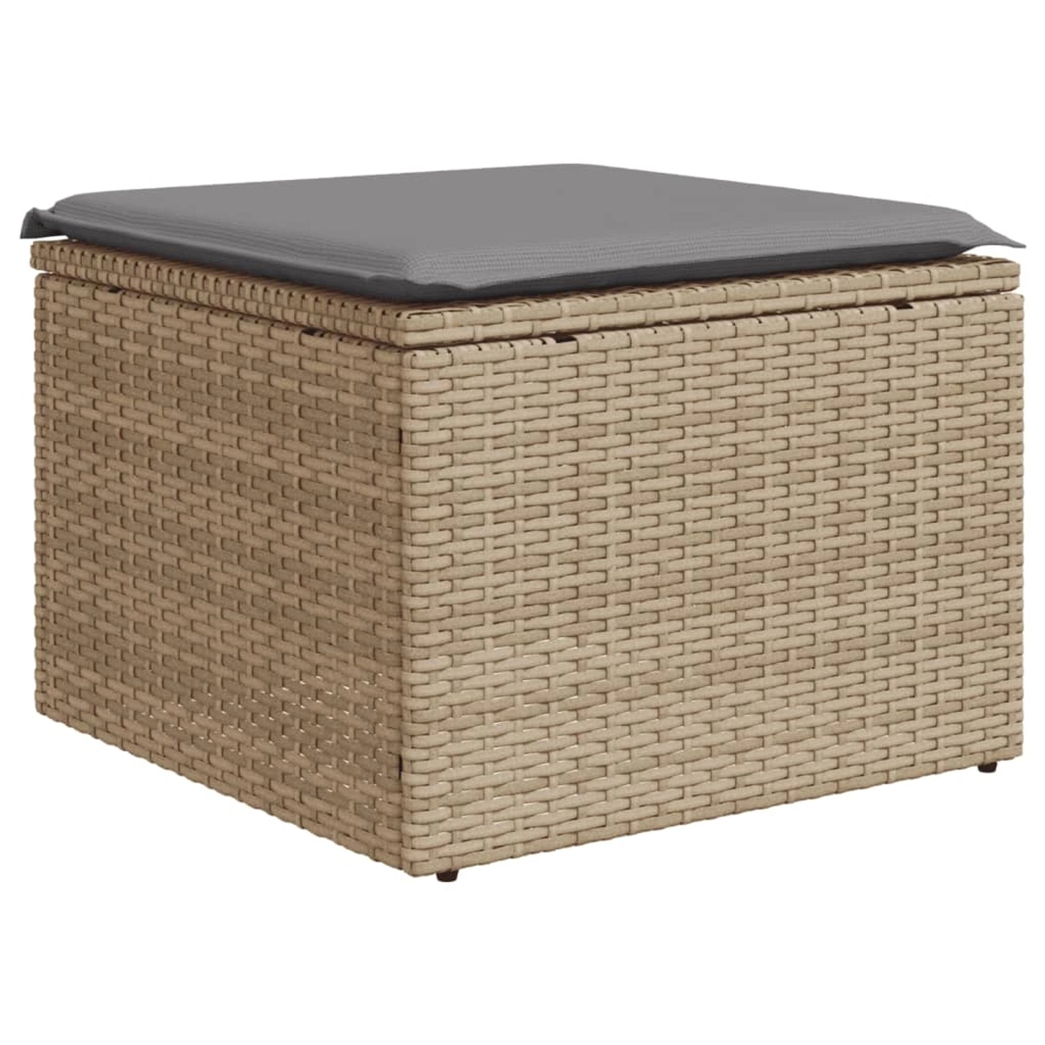 Beiger vidaXL Gartenmöbel-Fußhocker aus Rattan mit grauem Kissen, Teil einer Sofagarnitur.