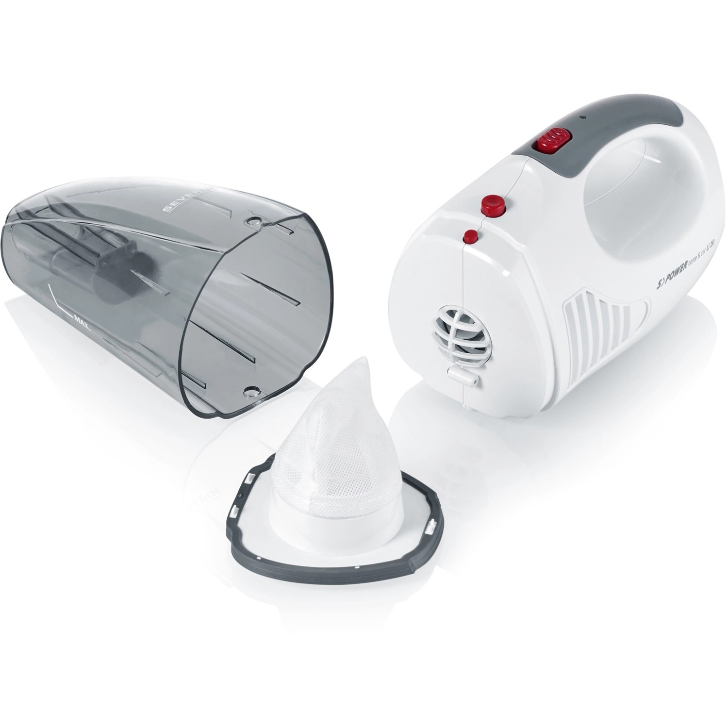 Severin Akku-Handstaubsauger HV 7144 Wet/Dry mit Zubehör wie Staubbehälter und Filter.