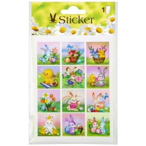 Oster Sticker mit Hasen, Küken und Blumen Motiven für die Osterdekoration.