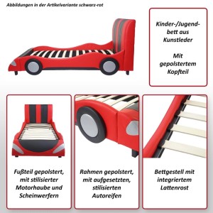 MCW Kinderbett 190x100cm in Schwarz-Rot, Autodesign, Kunstleder, gepolstert, mit Lattenrost.