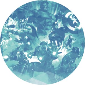 Runde, selbstklebende Vliesfototapete mit Avengers-Motiv in Blau. Ideal für Kinderzimmer.