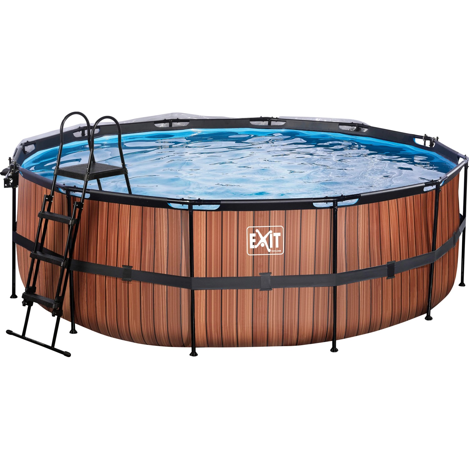Runder EXIT Wood Pool, Ø 427 cm, mit Holzoptik, Leiter, Sandfilterpumpe und Abdeckung.