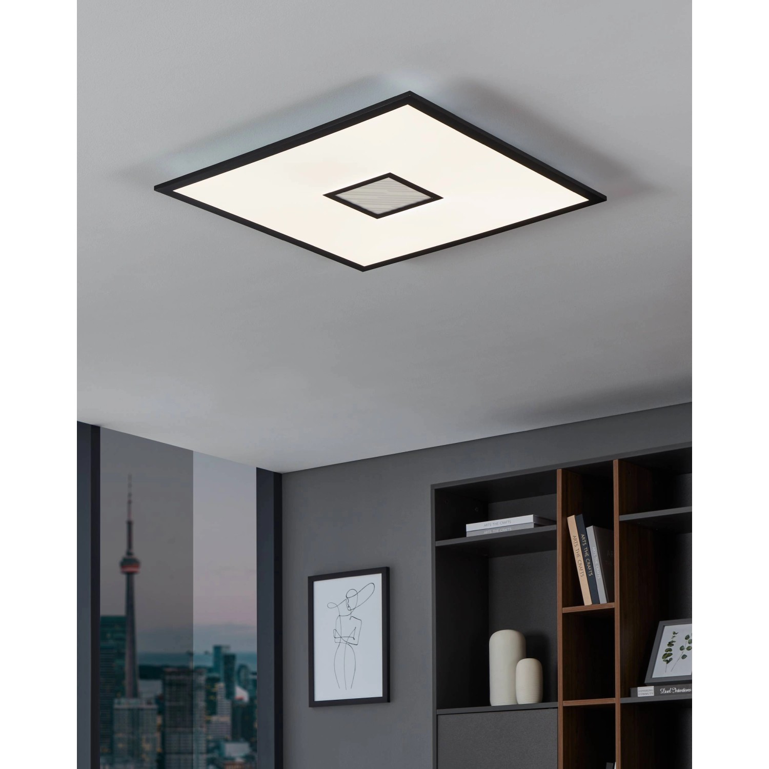 Quadratische LED Deckenleuchte Bordonara in Schwarz-Weiß, dimmbar und mit RGB Funktion.