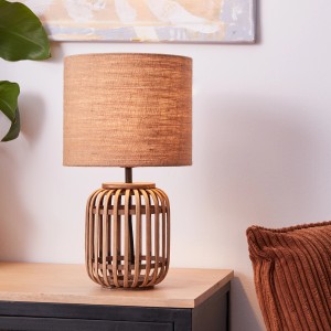 Brilliant Tischleuchte Woodrow Natur, Ø 24cm. Designlampe aus Bambus mit Stoffschirm.