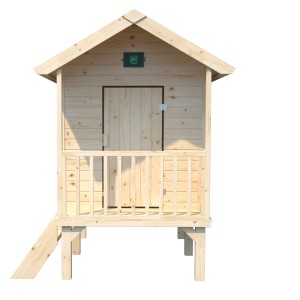 Soulet Kinderspielhaus Kangourou+ aus naturbelassenem Holz mit Terrasse und Geländer.
