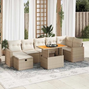 Beige 5-tlg. Garten-Sofagarnitur aus Rattan mit Tisch und cremefarbenen Kissen.
