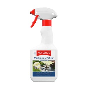 Mellerud Markisen- & Polster-Imprägnierung 500 ml. Weiße Sprühflasche mit rotem Sprühkopf. Schützt Textilien vor Nässe & Schmutz.