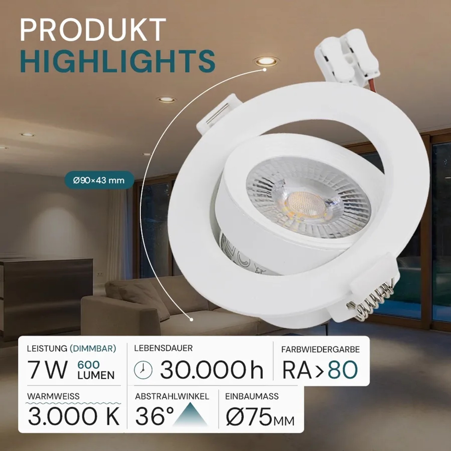 6er-Set dimmbare LED Einbauspots, 7W, Ø 75mm, Farbwahl, weiß. Downlights für flexible Beleuchtung.